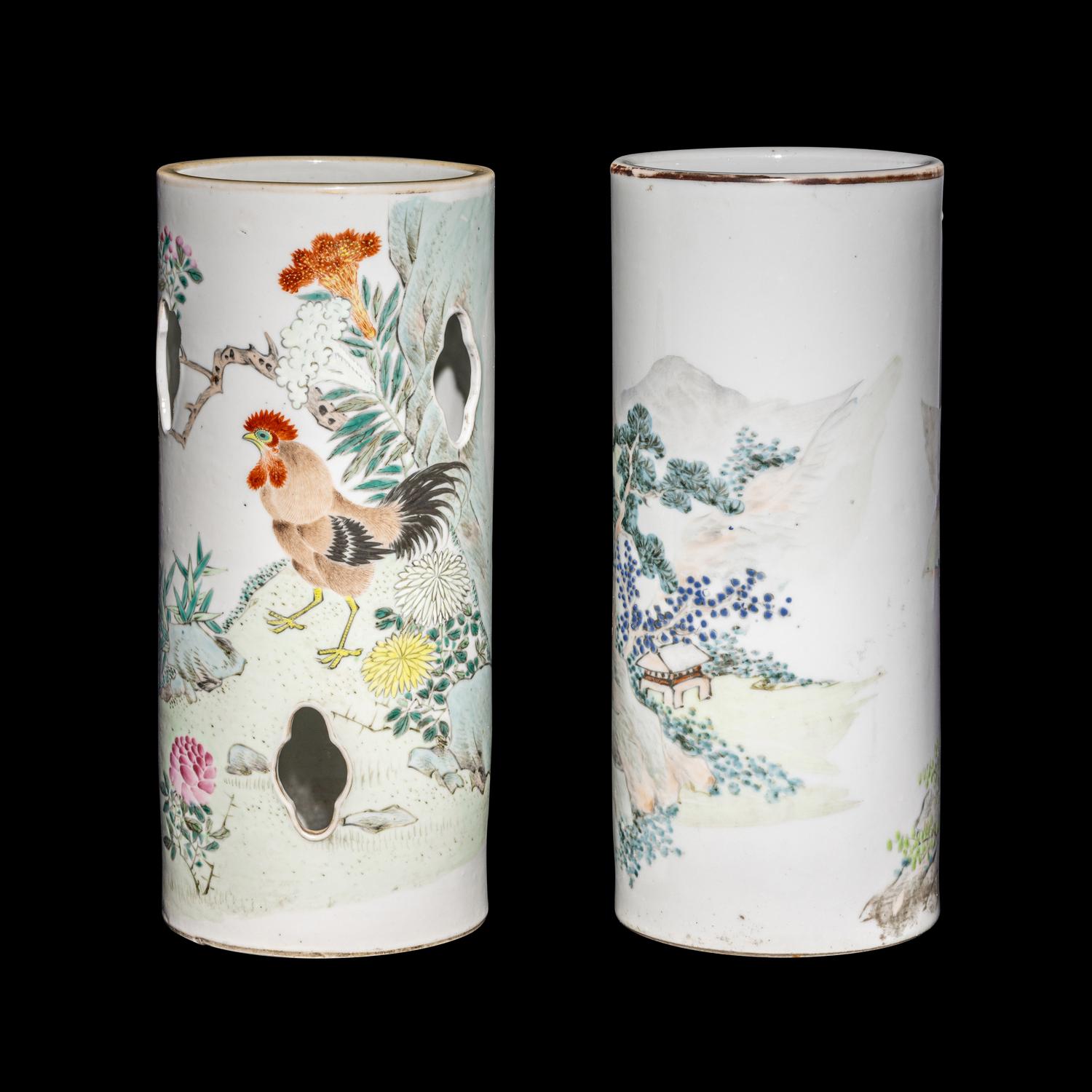 Two Chinese Qianjiang Enameled Porcelain Hat Stands, Late Qing Dynasty 清晚期 淺絳彩花鳥山水詩文帽筒兩件
