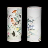 Two Chinese Qianjiang Enameled Porcelain Hat Stands, Late Qing Dynasty 清晚期 淺絳彩花鳥山水詩文帽筒兩件