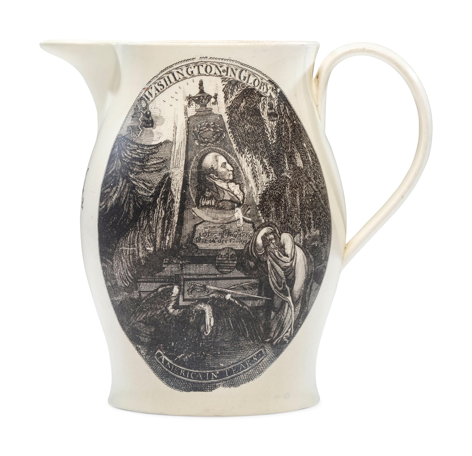 A Liverpool Transfer-Printed Creamware 'Emblem of America / Washington in Glory' Pitcher