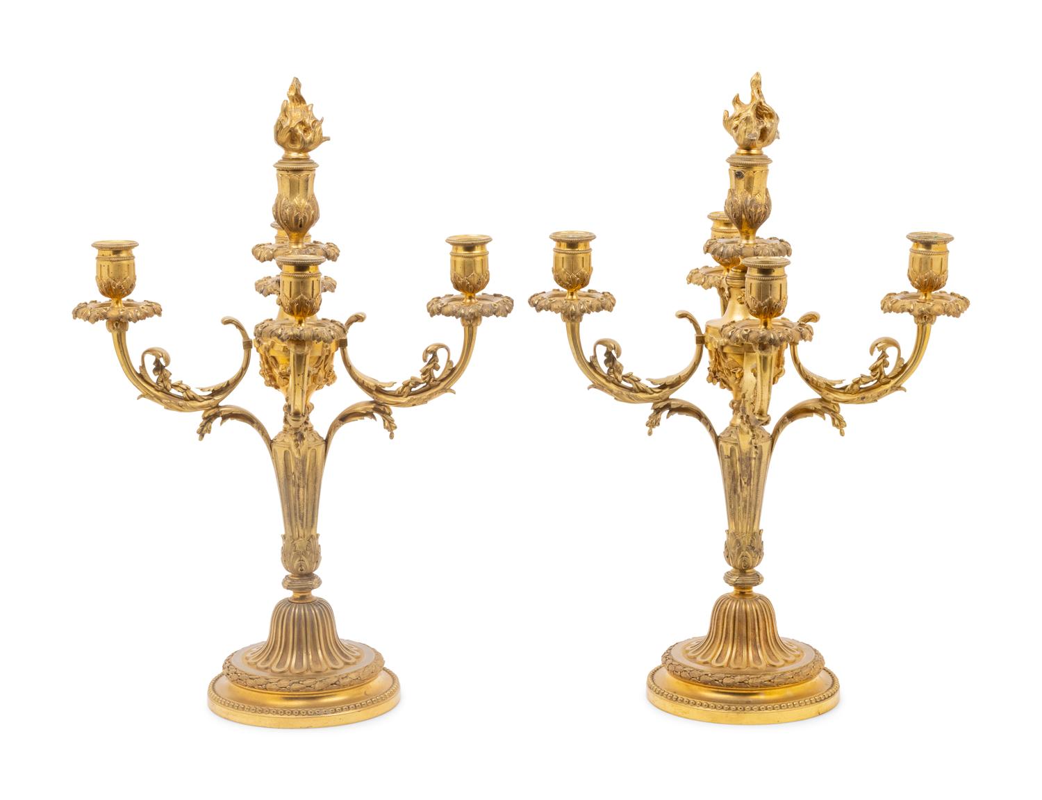 A Pair of Empire Style Gilt Bronze Six-Light Candelabra
