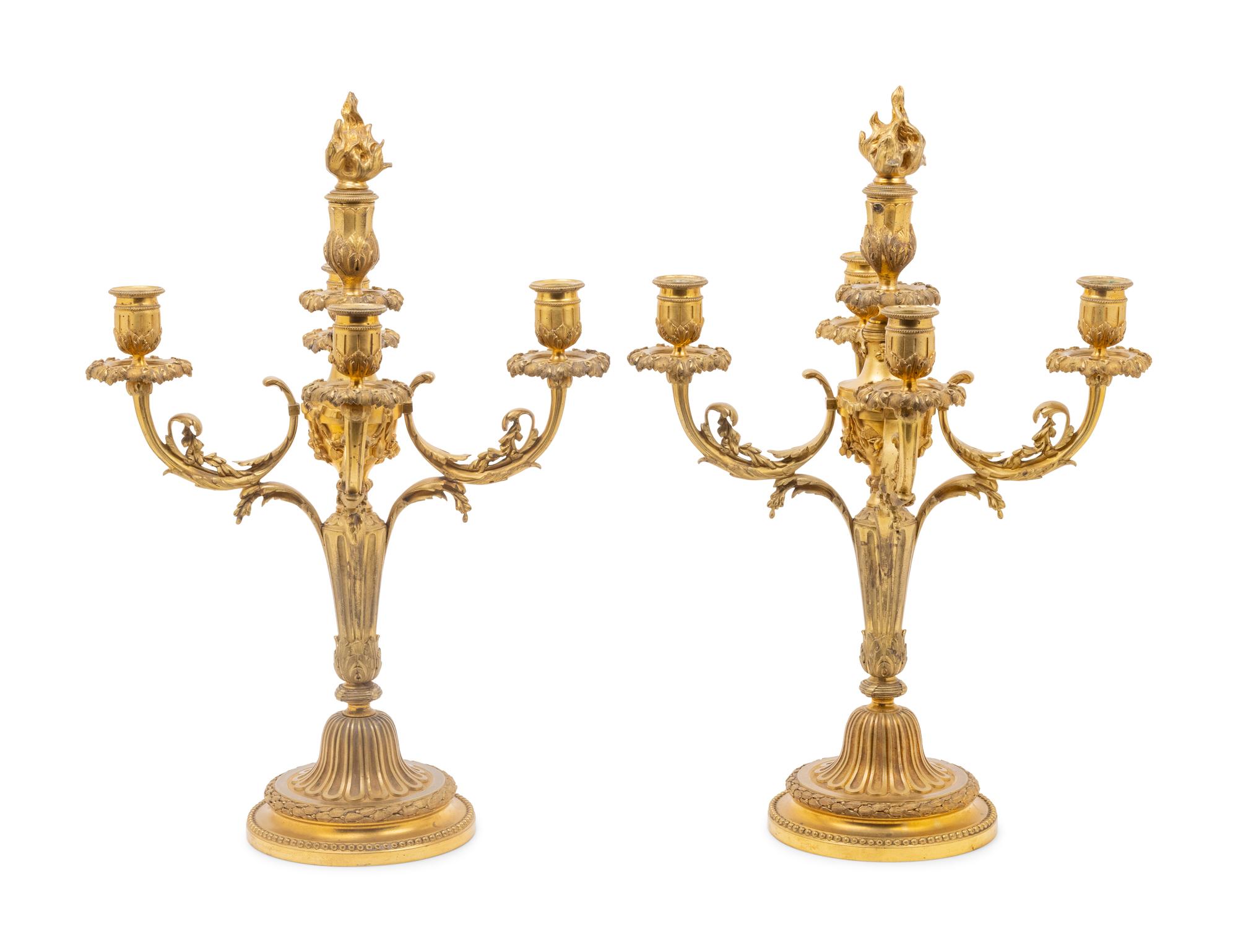 A Pair of Empire Style Gilt Bronze Six-Light Candelabra