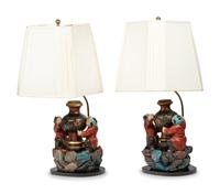 A Pair of Chinese Carved Wood Figural Lamps