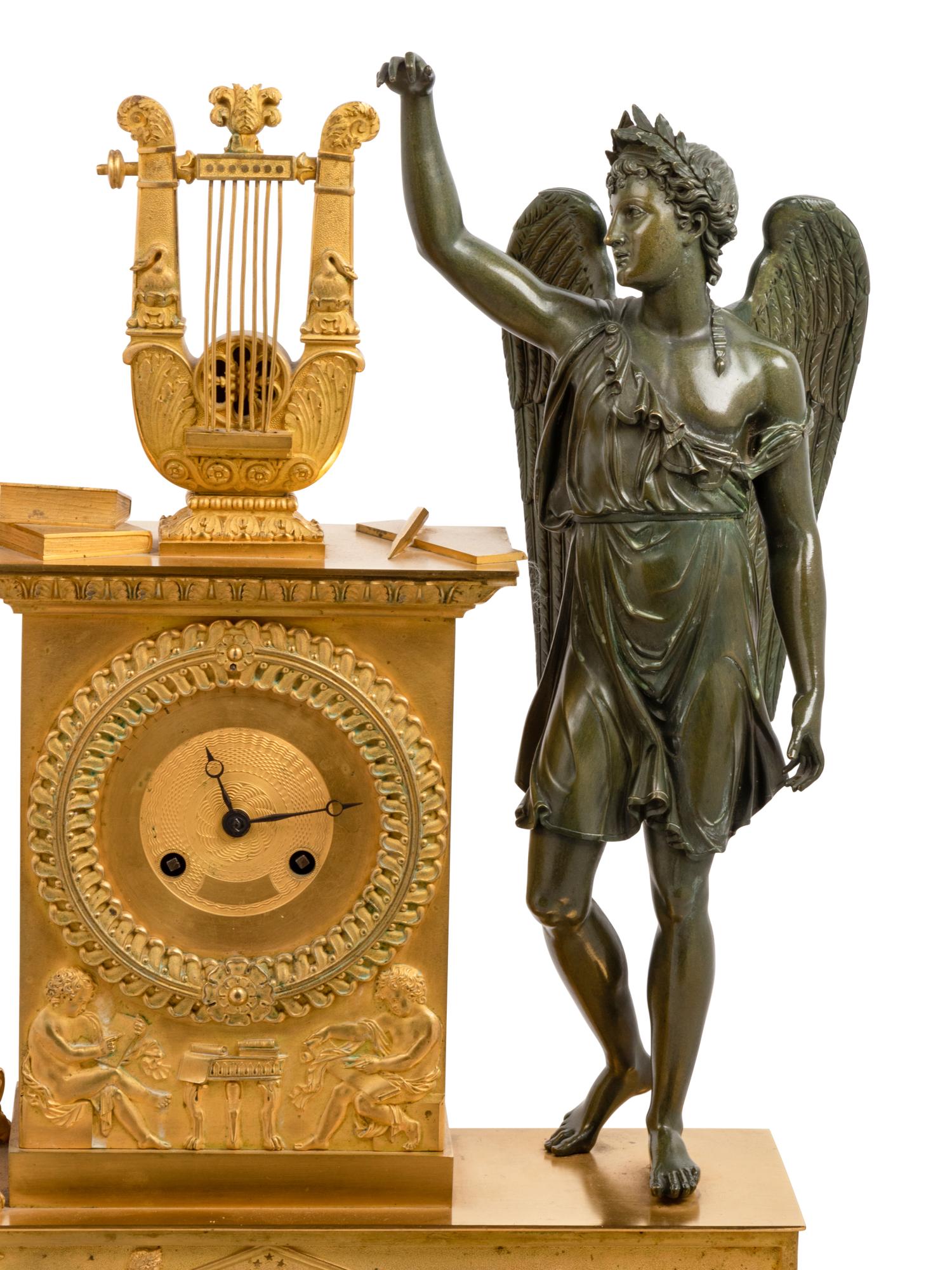 An Empire Gilt and Patinated Bronze Figural Mantel Clock