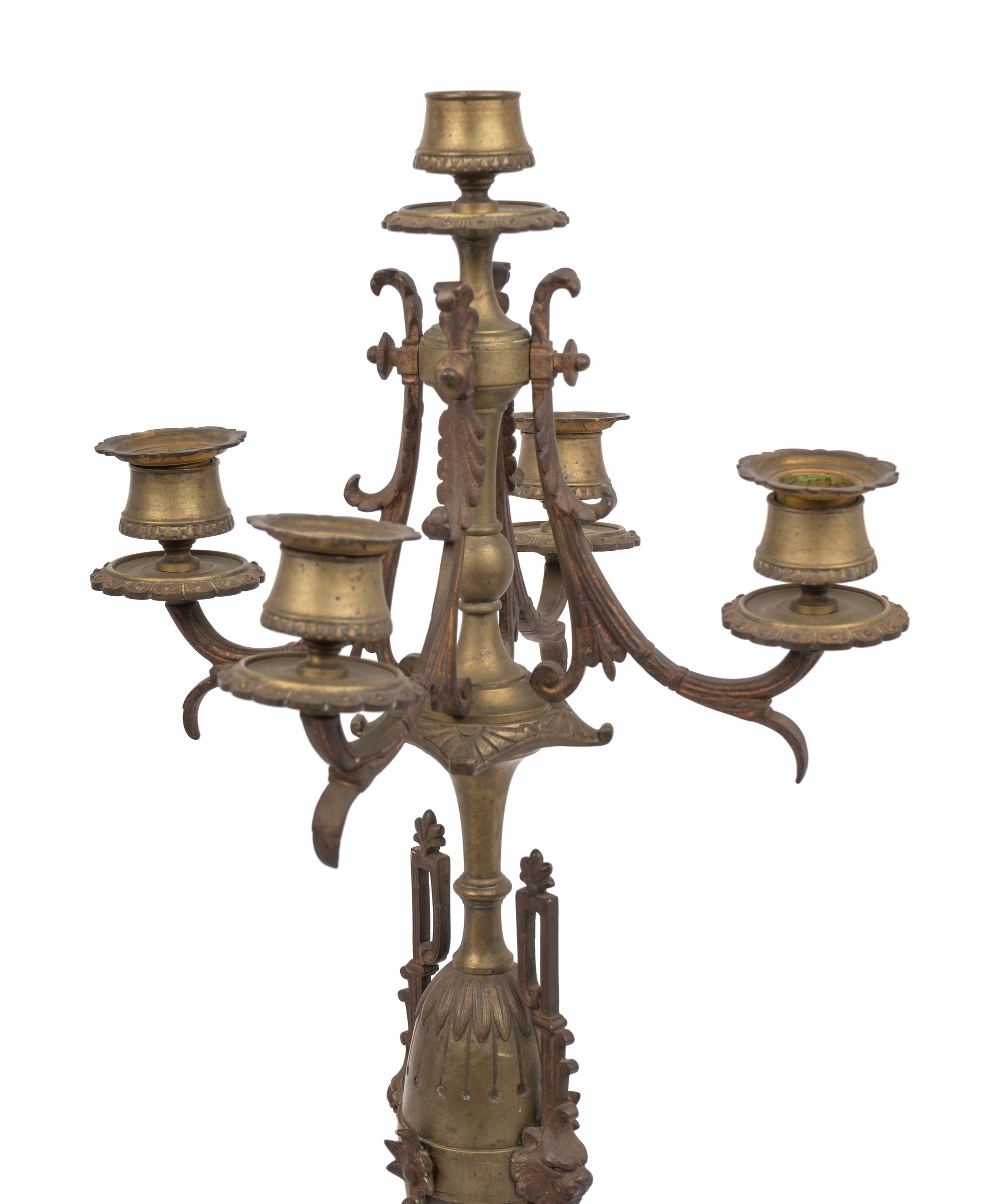A Pair of French Gilt Bronze and Slate Five-Light Candelabra