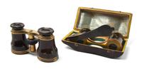 Two Pairs of French Faux Tortoise Shell Veneered Opera Glasses, Width of wider 4 1/4 inches.