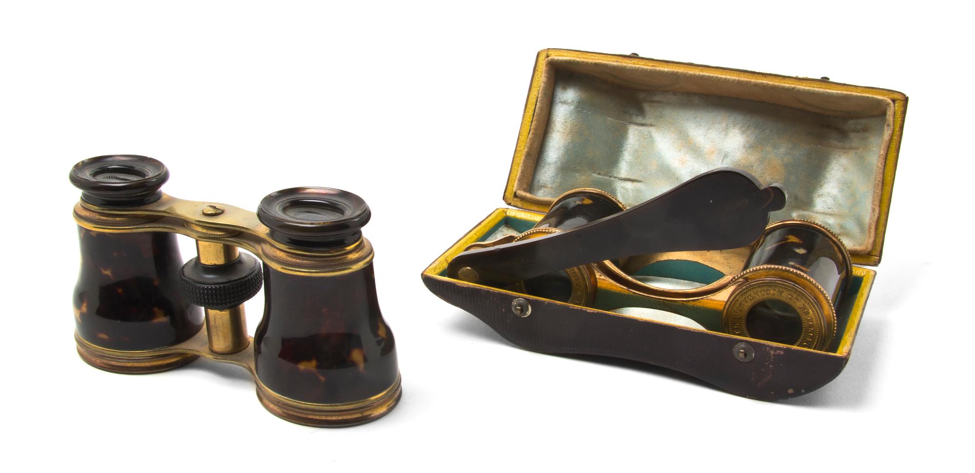 Two Pairs of French Faux Tortoise Shell Veneered Opera Glasses, Width of wider 4 1/4 inches.