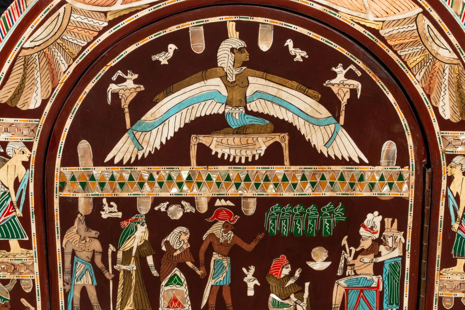 A Pair of Egyptian Style Painted and Inlaid Cabinets