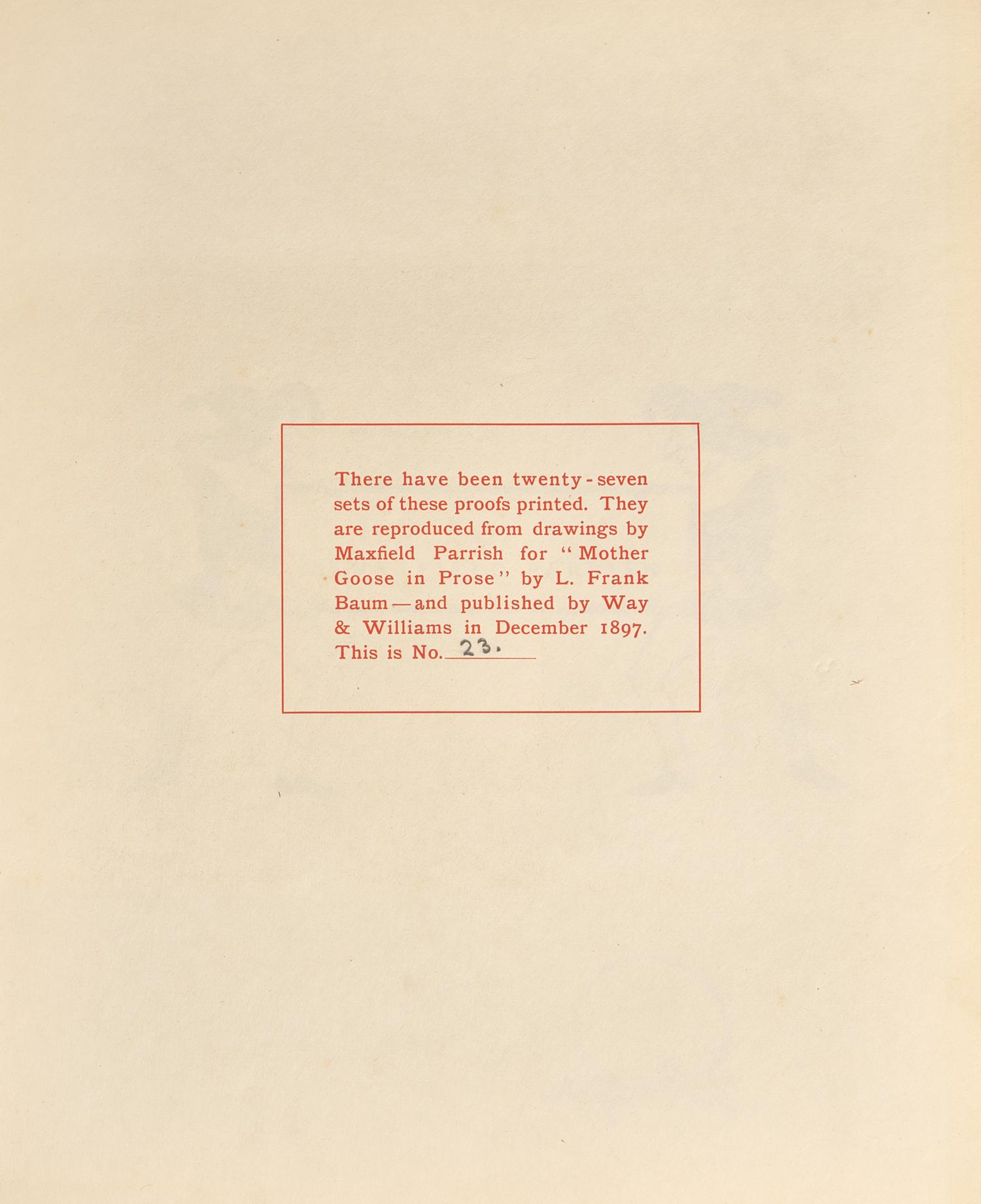 [Parrish, Maxfield] Baum, L. Frank. Proofs of the Illustrations by Maxfield Parrish for "Mother Goose in Prose"
