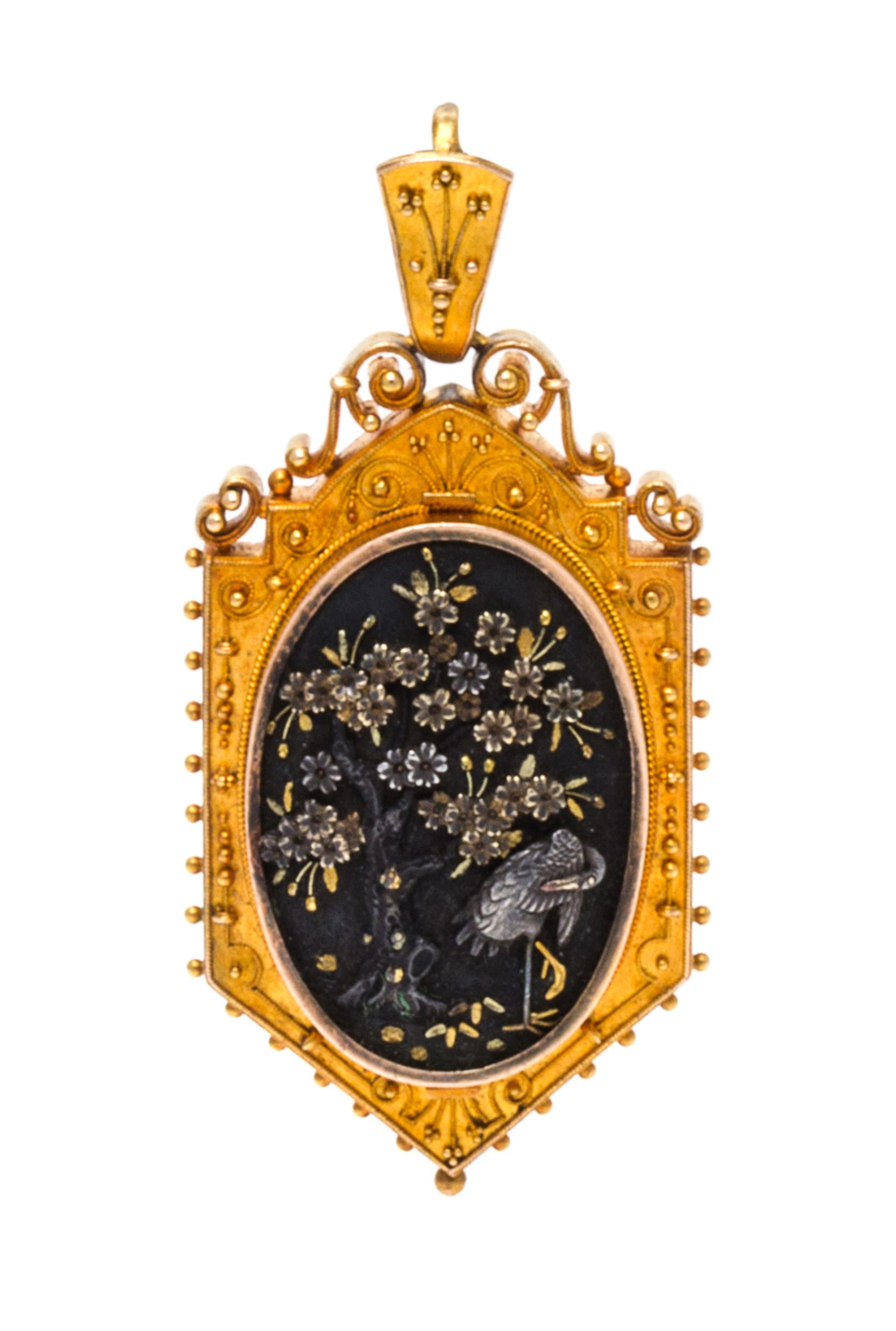 A Victorian Yellow Gold and Shakudo Pendant Necklace, 15.00 dwts.