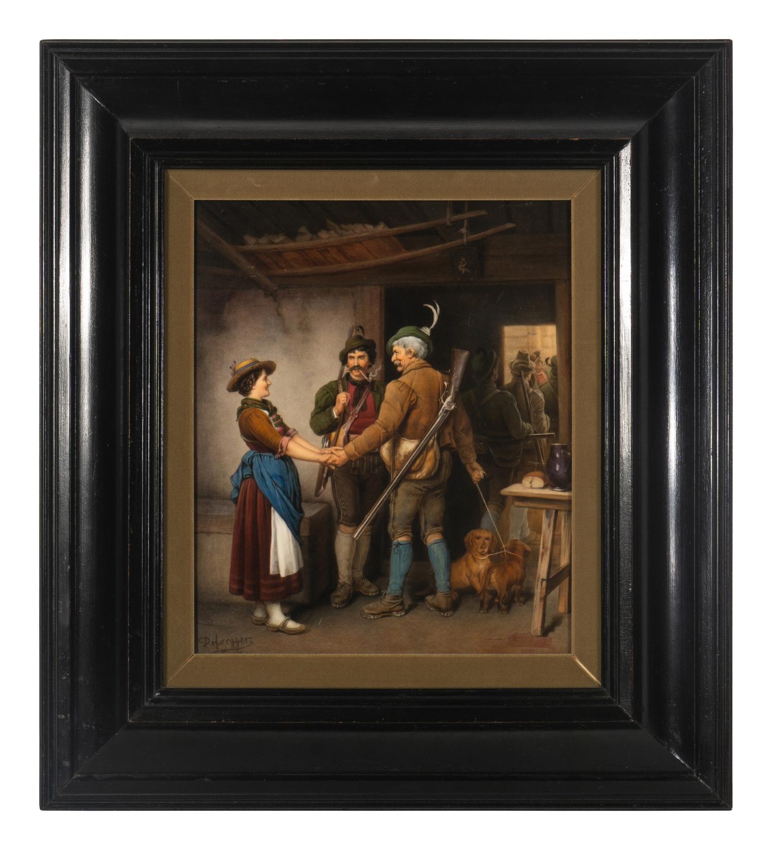 A Berlin (K.P.M.) Porcelain Plaque Depicting The Parting of the Hunter After Franz Von DeFregger