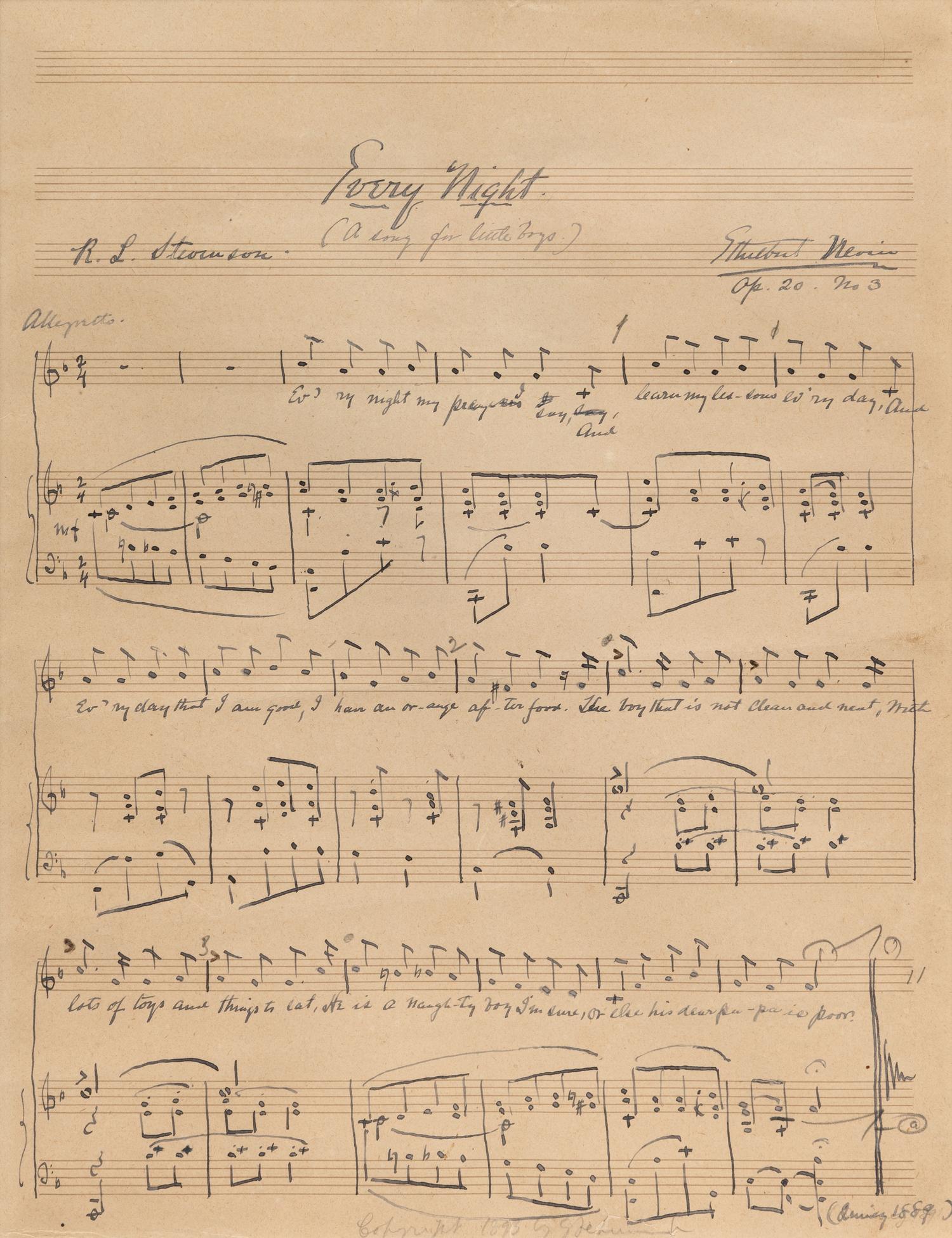 NEVIN, Ethelbert (1862-1901). Autograph musical manuscript, titled "Every Night." Signed below title ("Ethelbert Nevin"), and inscribed by Nevin's wife, Anne Paul Nevin.