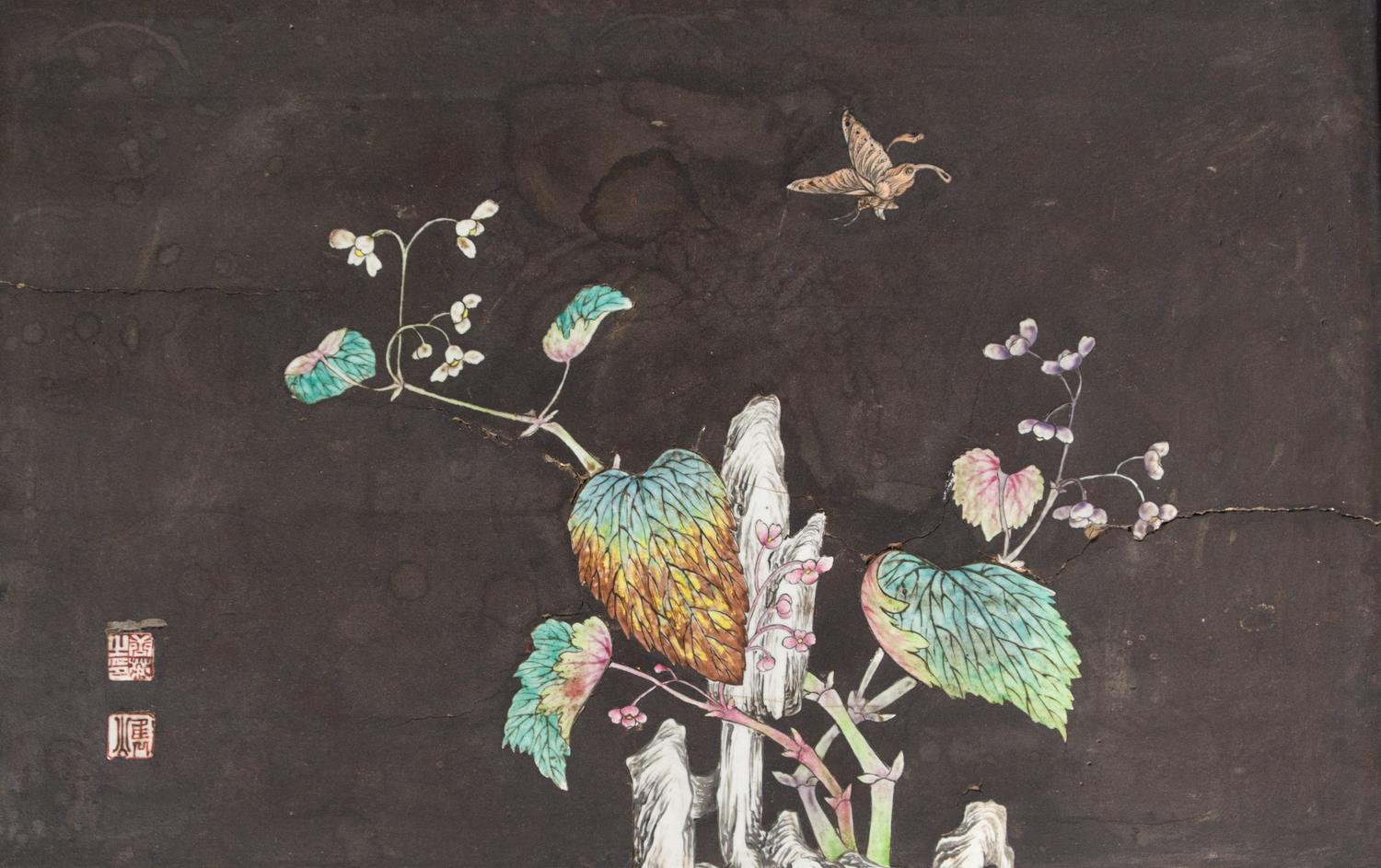 Two Chinese Porcelain-Inset Polychrome Lacquer Panels Mounted as Tables