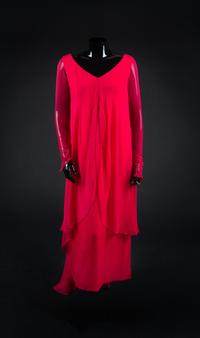 Dress, Shawl, Earrings, Ring and Bag, 1988. Dress designed by Paul Zastupnevitch and made by Western Costume Company in Los Angeles — Worn by Olivia de Havilland for the 60th Academy Awards in 1988 when she presented the award for best art direction.