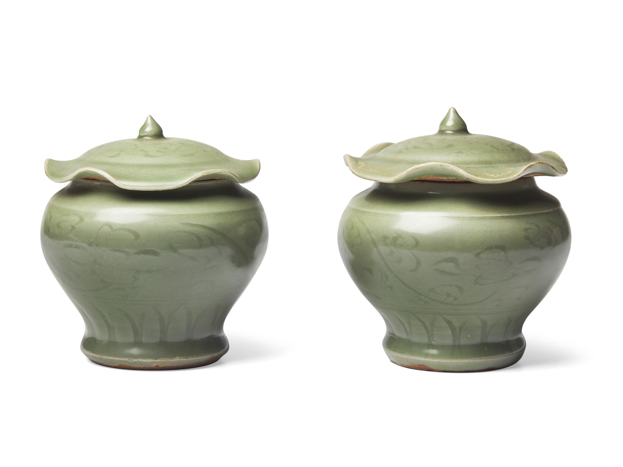 A Pair of Small Chinese Celadon Covered “Lotus” Jars