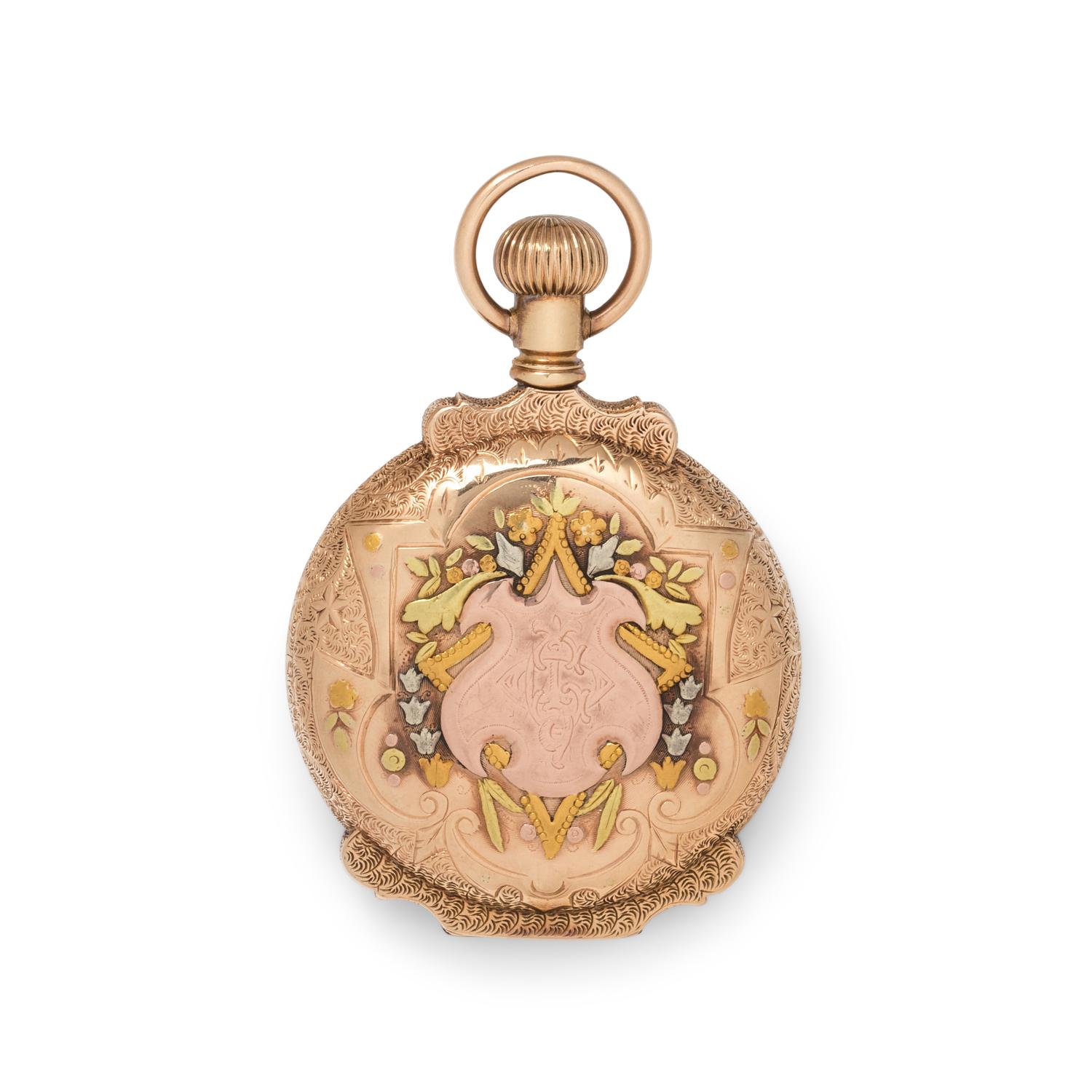 ELGIN, 14K TRICOLOR GOLD AND DIAMOND HUNTER CASE POCKET WATCH