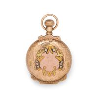 ELGIN, 14K TRICOLOR GOLD AND DIAMOND HUNTER CASE POCKET WATCH