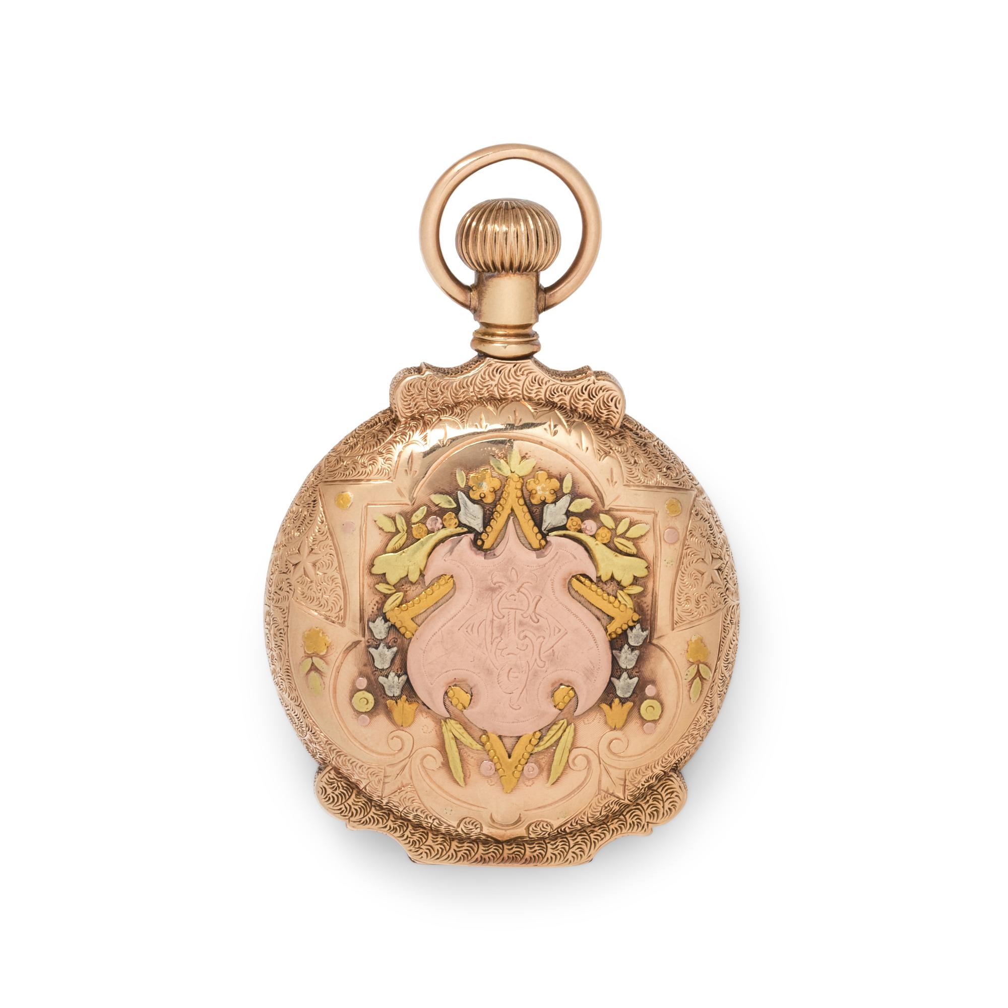 ELGIN, 14K TRICOLOR GOLD AND DIAMOND HUNTER CASE POCKET WATCH