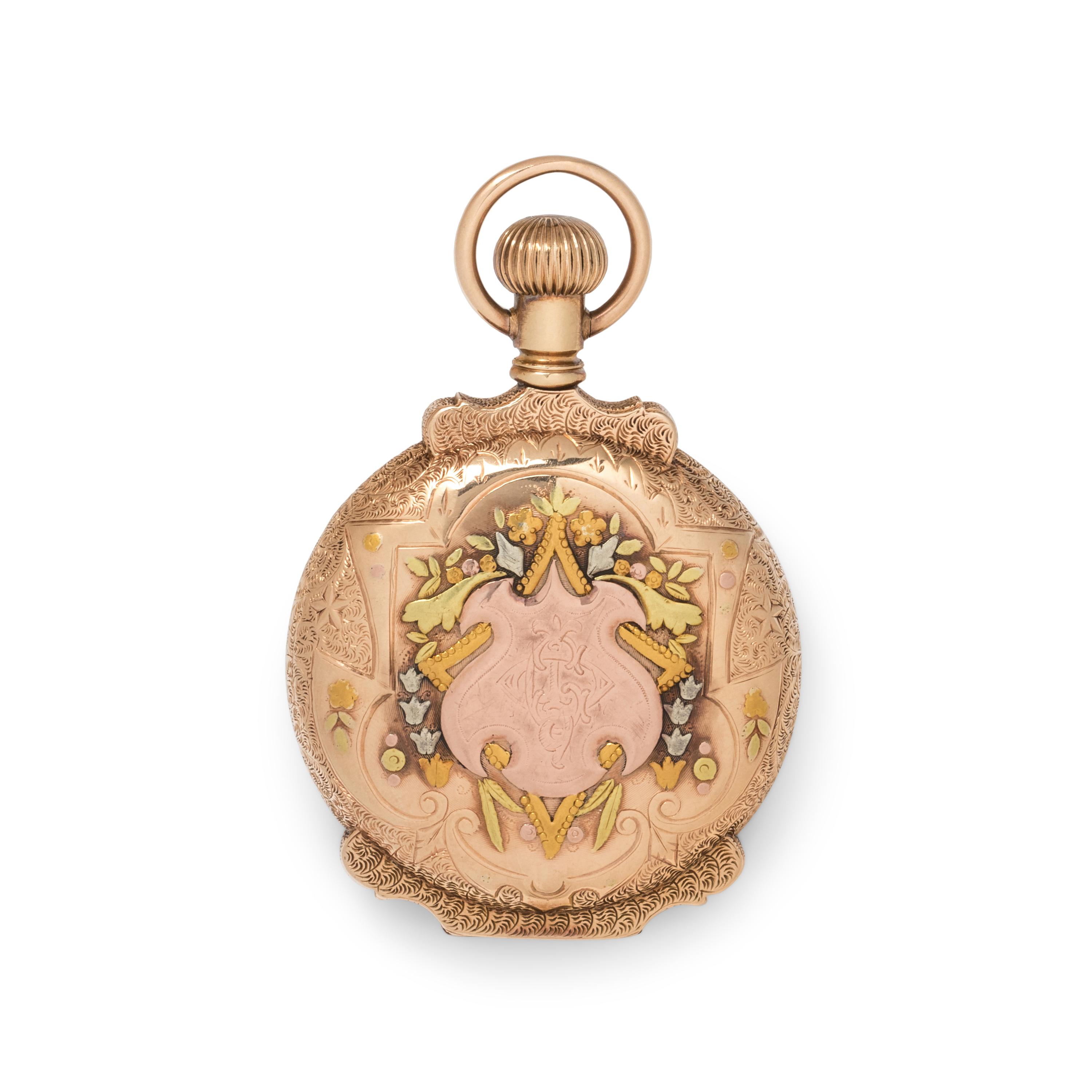 ELGIN, 14K TRICOLOR GOLD AND DIAMOND HUNTER CASE POCKET WATCH
