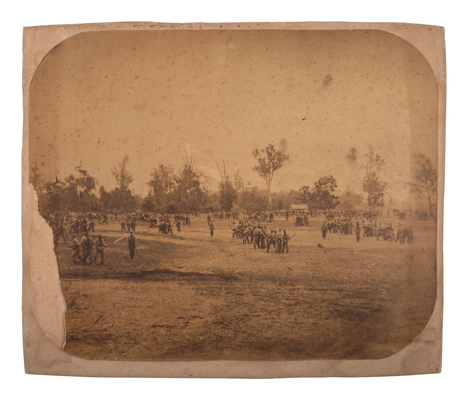 [CIVIL WAR]. Salted paper print of drilling soldiers, likely early war.