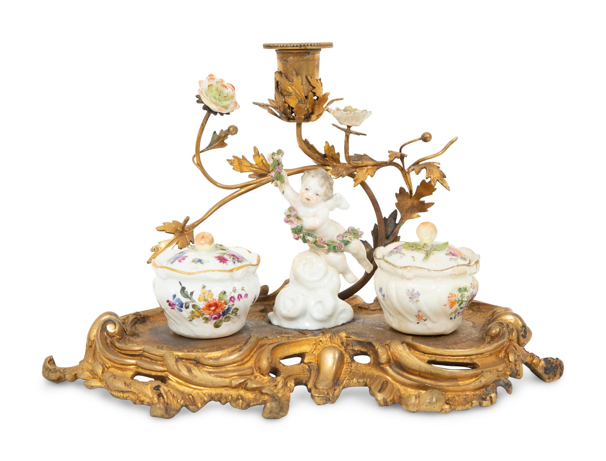 A Louis XV Style Porcelain and Gilt Bronze Standish