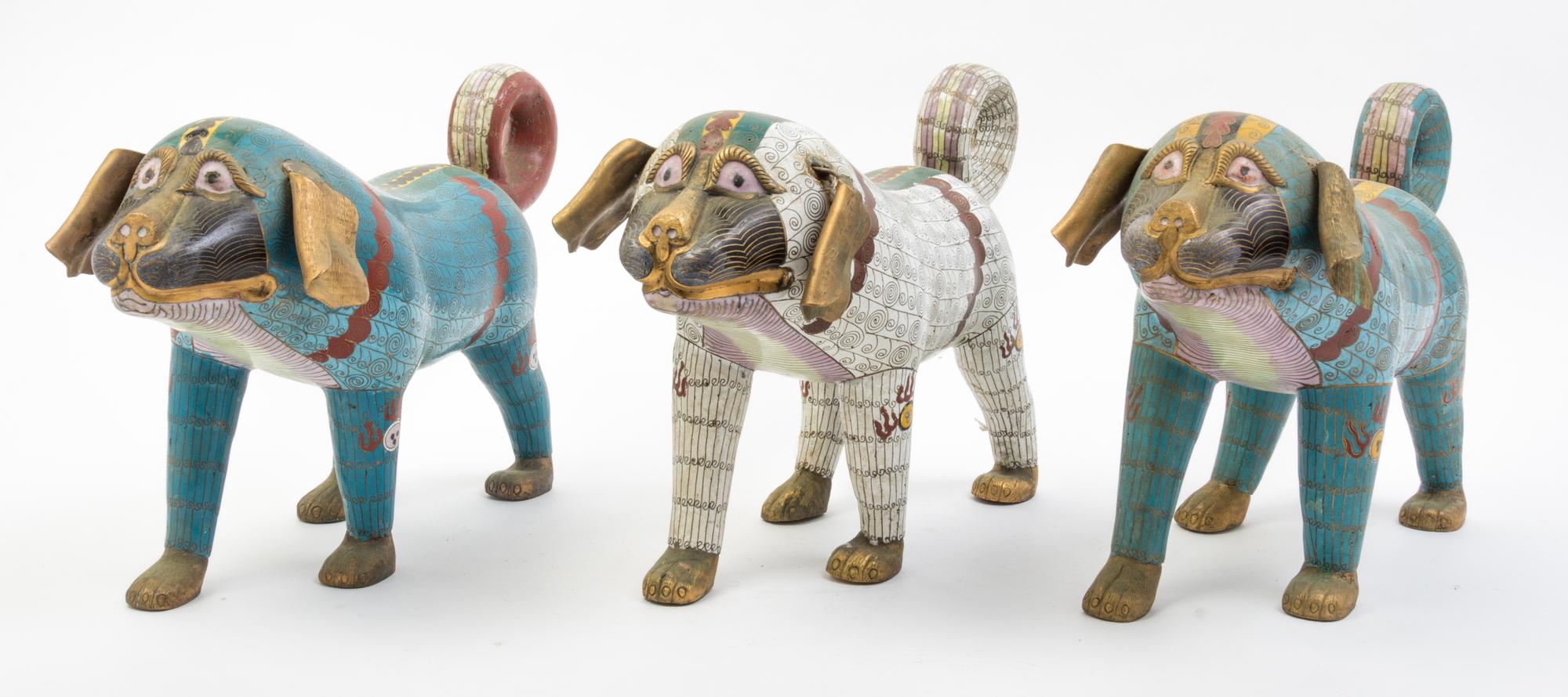 Three Cloisonne Models of Dogs Width 15 1/2 inches.
