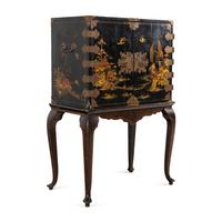 A Chinese Export Black-Japanned Collector's Cabinet on Stand
