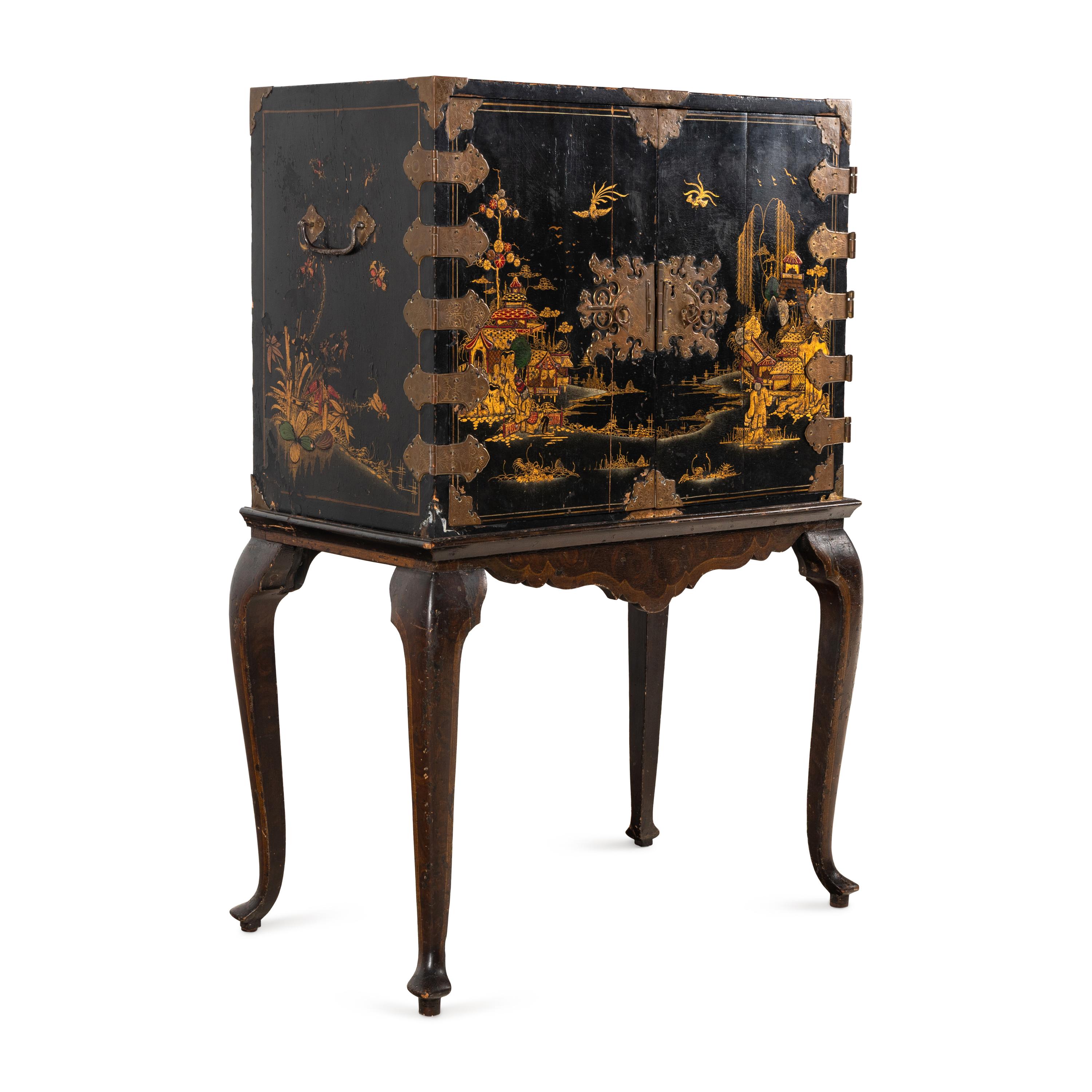 A Chinese Export Black-Japanned Collector's Cabinet on Stand