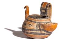 A Daunian Painted Pottery Figural Vessel in the Form of a Bird