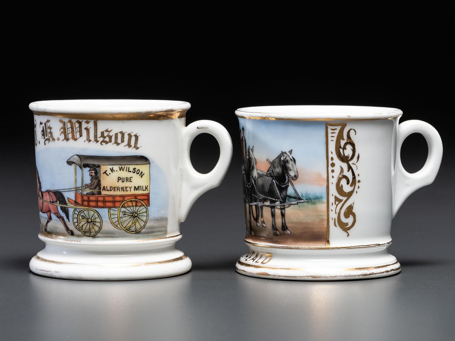 Two Porcelain Occupational Shaving Mugs with Horse-Drawn Wagons