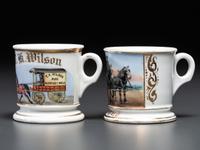 Two Porcelain Occupational Shaving Mugs with Horse-Drawn Wagons