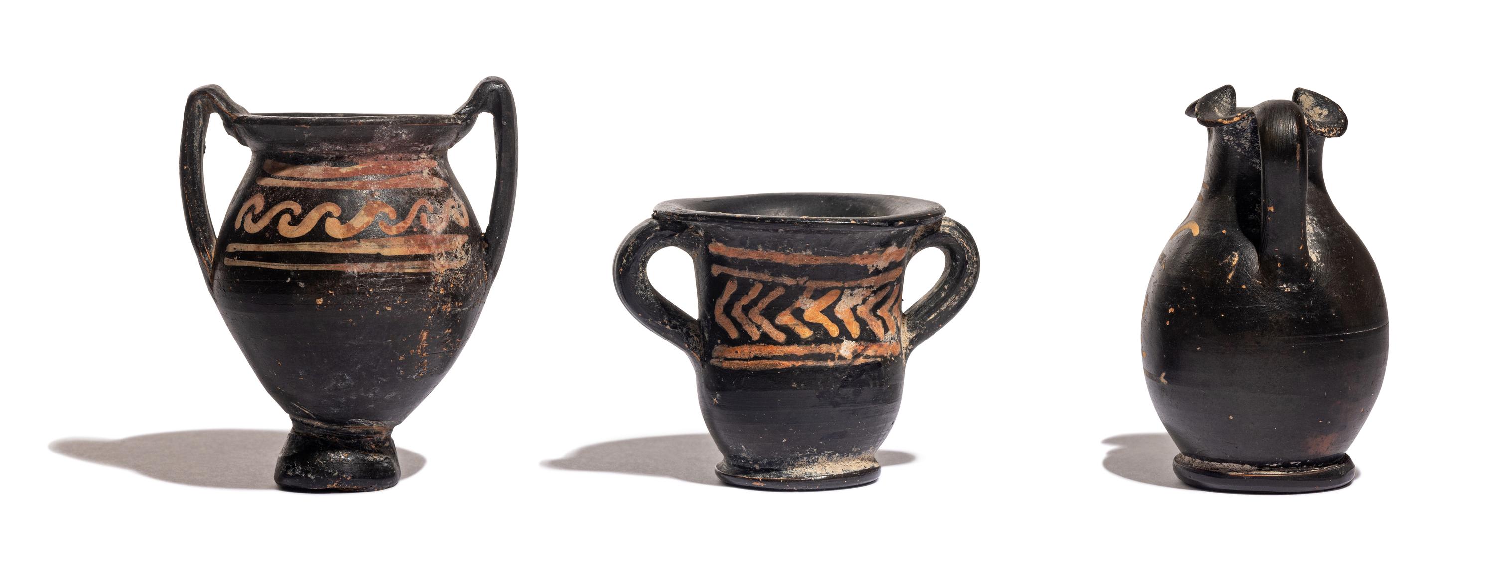 Three Xenon-Ware Miniature Black-Glazed Kantharoi