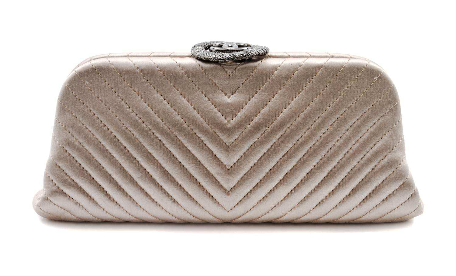 Chanel Light Taupe Chevron Quilted Satin Clutch, 10 x 4 x 1 1/2 inches.