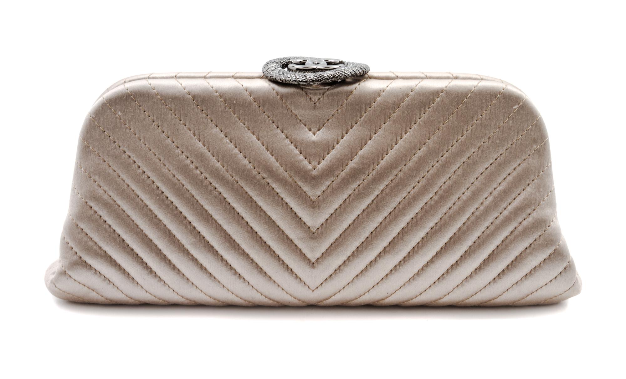 Chanel Light Taupe Chevron Quilted Satin Clutch, 10 x 4 x 1 1/2 inches.