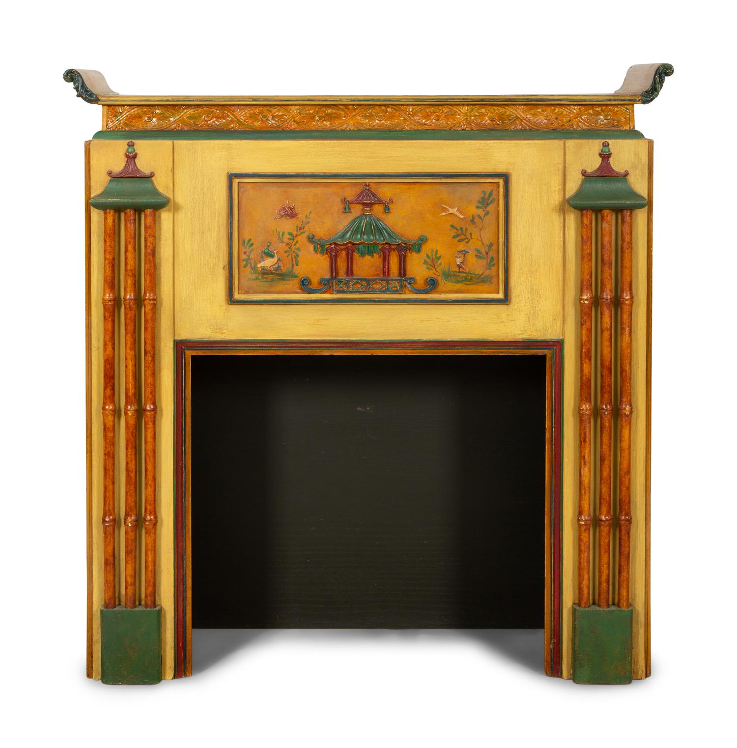 A Chinoiserie-Decorated Carved and Polychrome Painted Chimneypiece