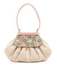 A Judith Leiber Boucle and Crystal Floral Motif Handbag, 7.5" X 4.5" X 3.5"; Handle drop: 4".