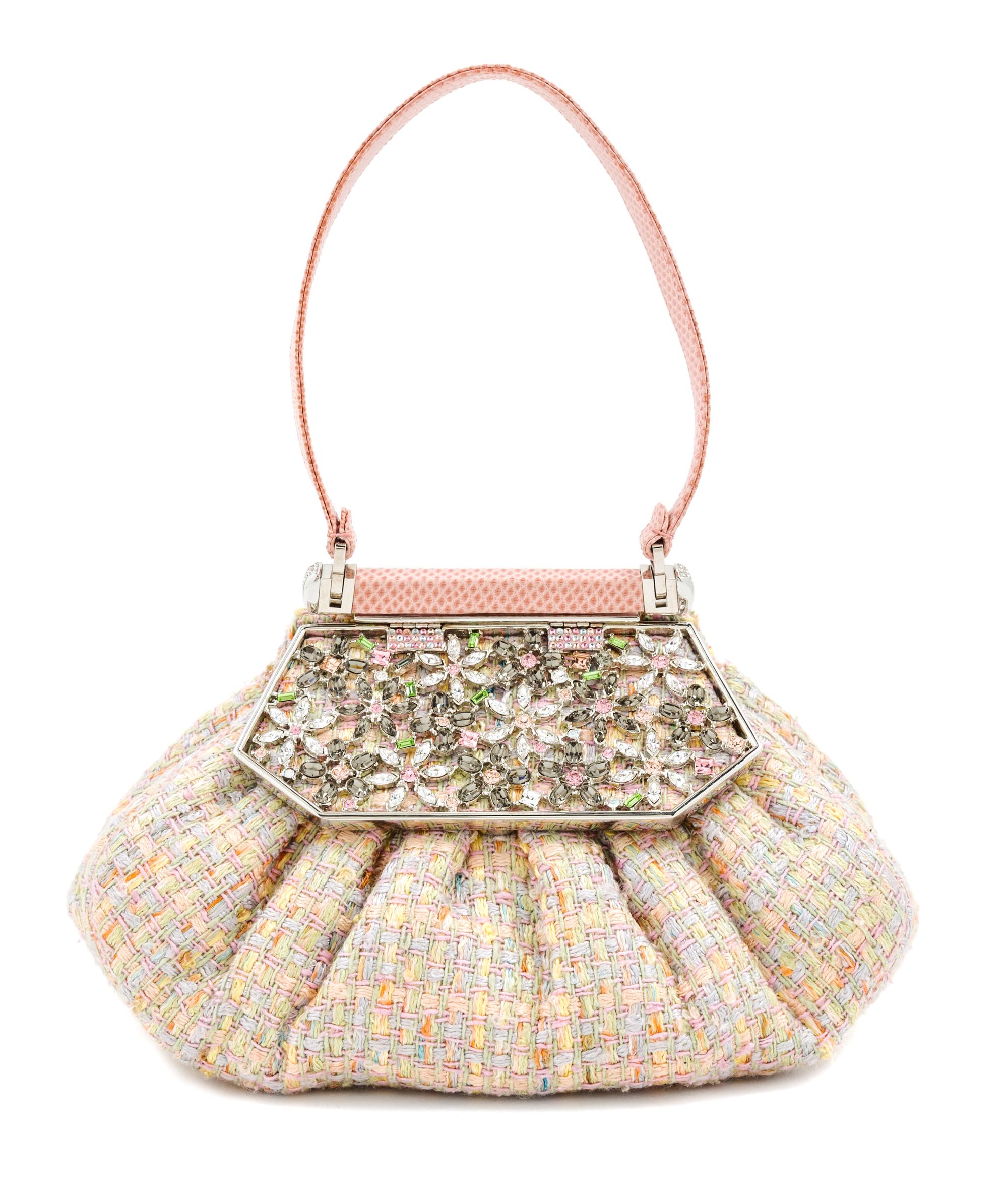 A Judith Leiber Boucle and Crystal Floral Motif Handbag, 7.5" X 4.5" X 3.5"; Handle drop: 4".