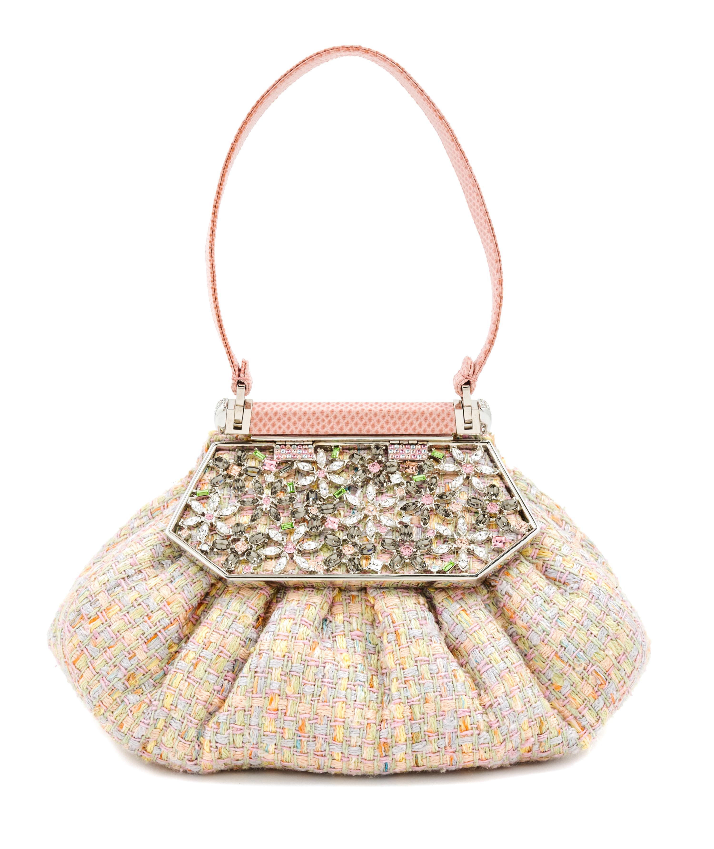 A Judith Leiber Boucle and Crystal Floral Motif Handbag, 7.5" X 4.5" X 3.5"; Handle drop: 4".