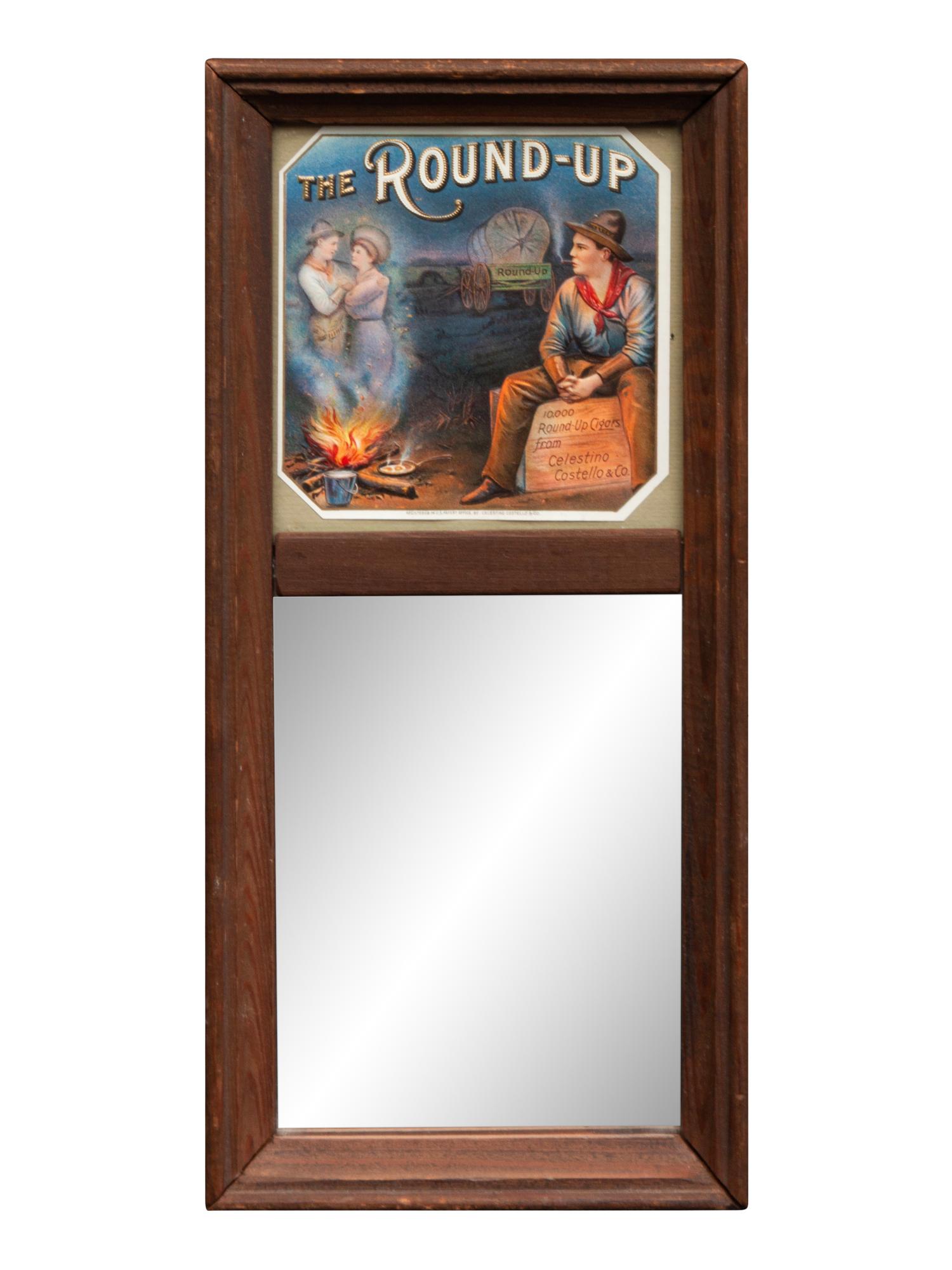 Framed Hassan Western Tobacco Cards, Indian Chewing Gum cards and a Round Up Cigar Mirror