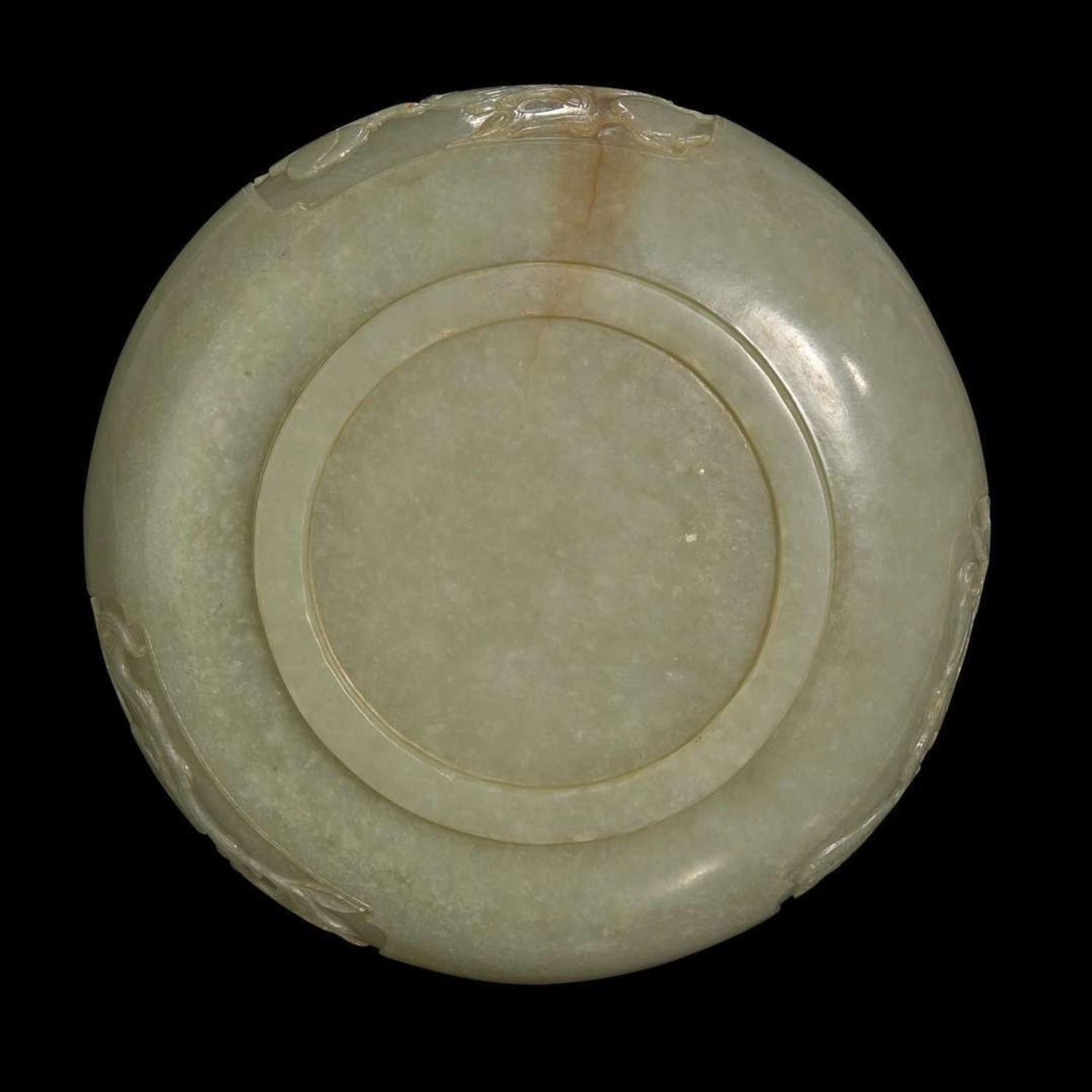 A Chinese carved celadon jade "Sanduo" alms bowl 青玉三多碗 18th to 19th century ???????