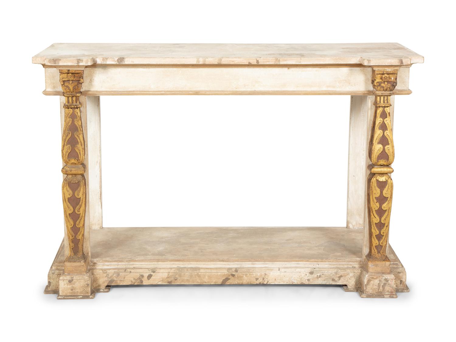 A Pair of French Neoclassical Painted and Parcel Gilt Pier Tables