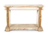 A Pair of French Neoclassical Painted and Parcel Gilt Pier Tables