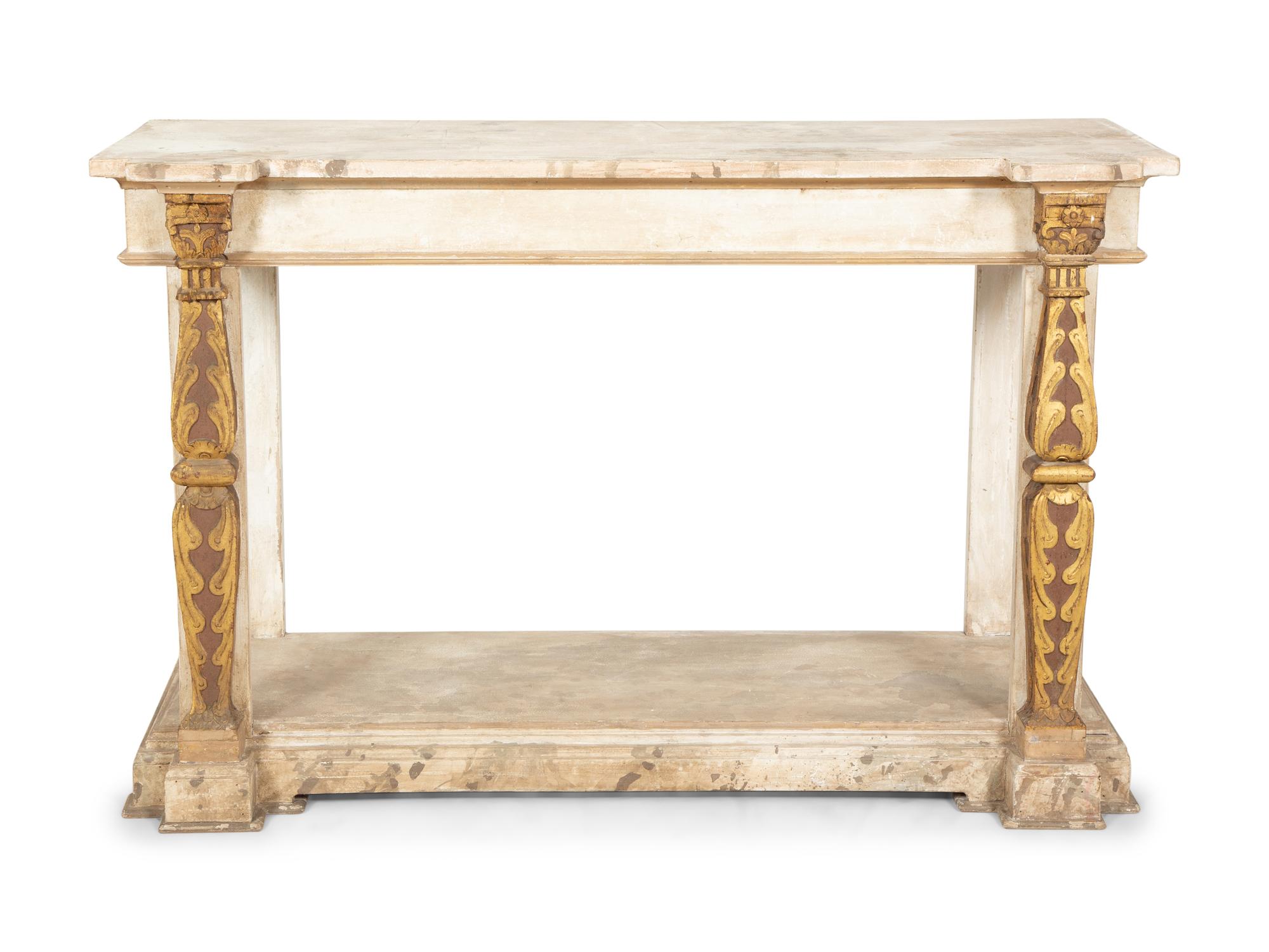A Pair of French Neoclassical Painted and Parcel Gilt Pier Tables