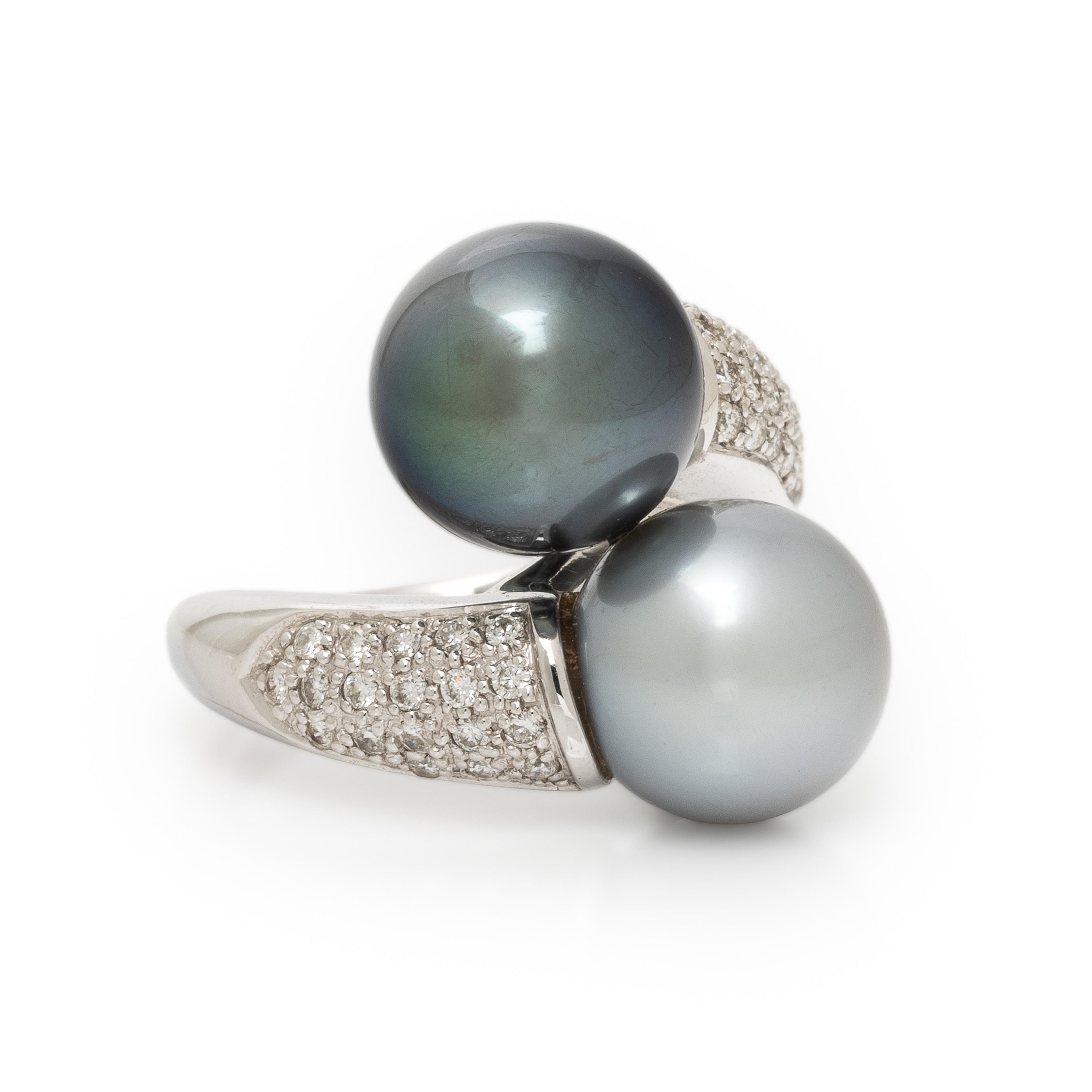 Cultured Pearl, Diamond, and White Gold Bypass Ring