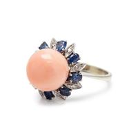 ANGEL SKIN CORAL, SAPPHIRE AND DIAMOND RING