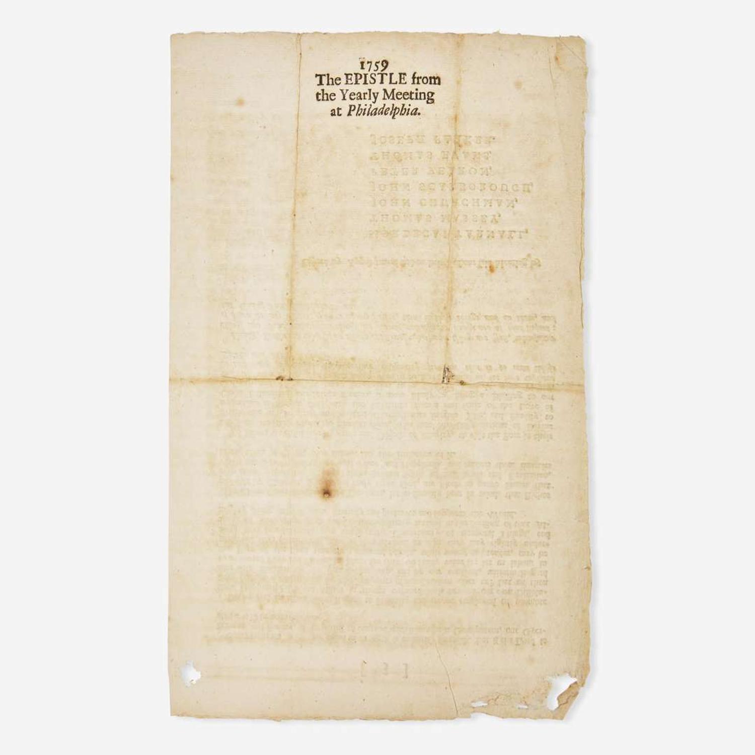 [Americana] [French & Indian War] From our Yearly Meeting held at Philadelphia, for Pennsylvania and New-Jersey, from the 22d Day of the Ninth Month, to the 28th of the same (inclusive) 1759...