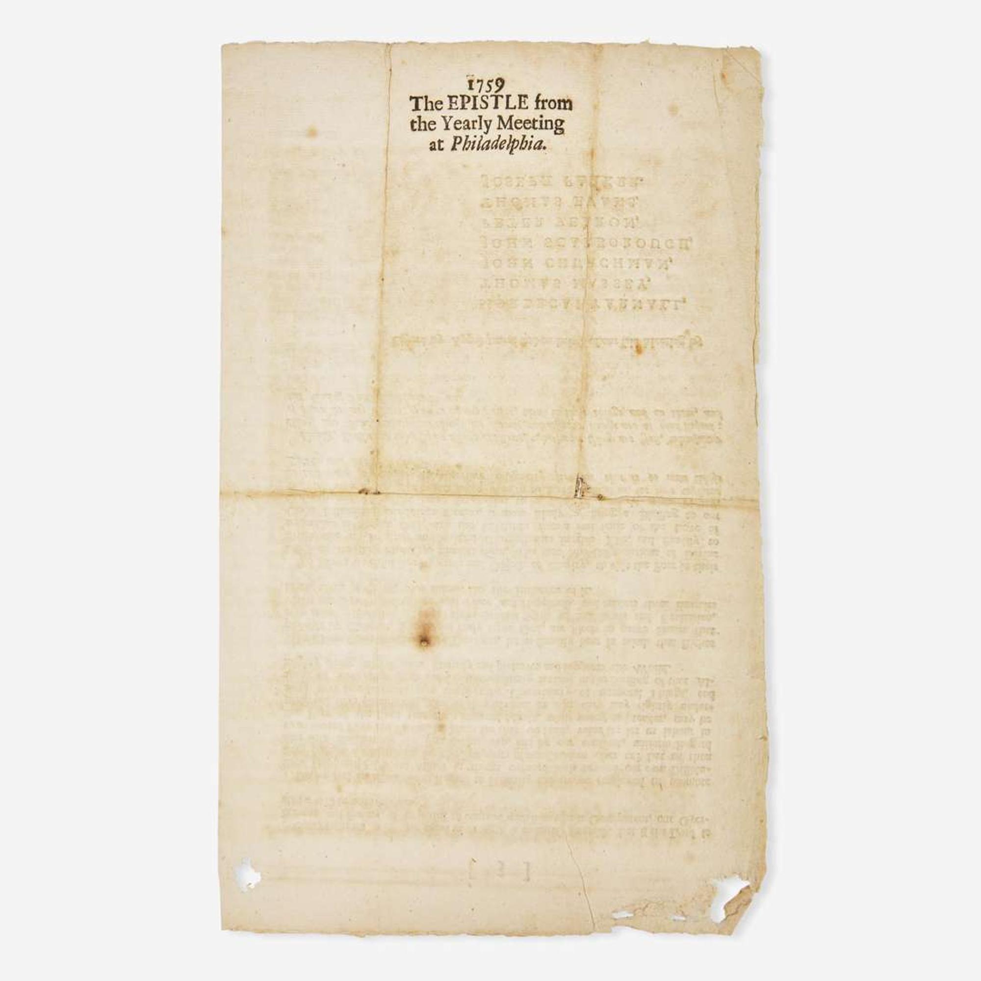 [Americana] [French & Indian War] From our Yearly Meeting held at Philadelphia, for Pennsylvania and New-Jersey, from the 22d Day of the Ninth Month, to the 28th of the same (inclusive) 1759...