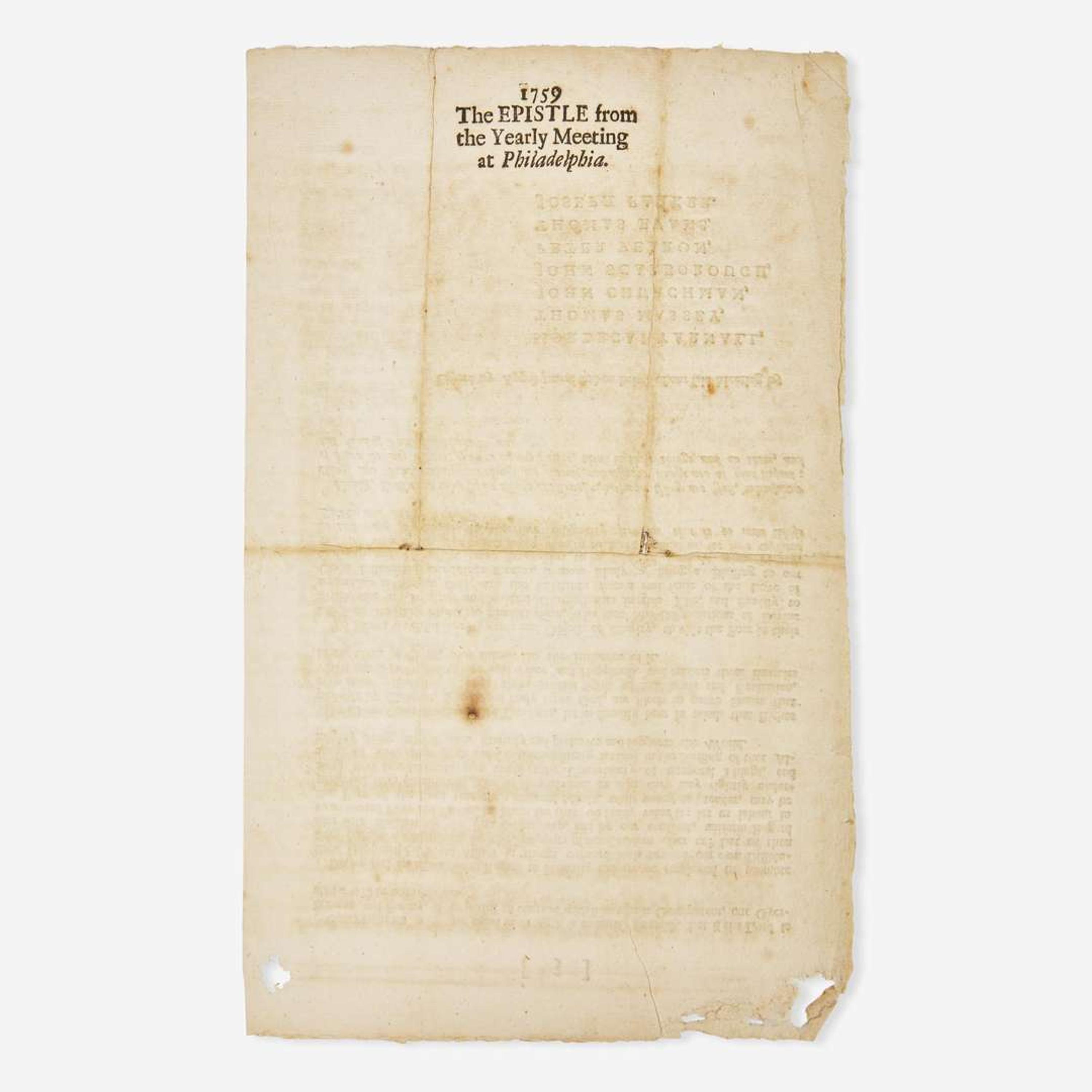 [Americana] [French & Indian War] From our Yearly Meeting held at Philadelphia, for Pennsylvania and New-Jersey, from the 22d Day of the Ninth Month, to the 28th of the same (inclusive) 1759...