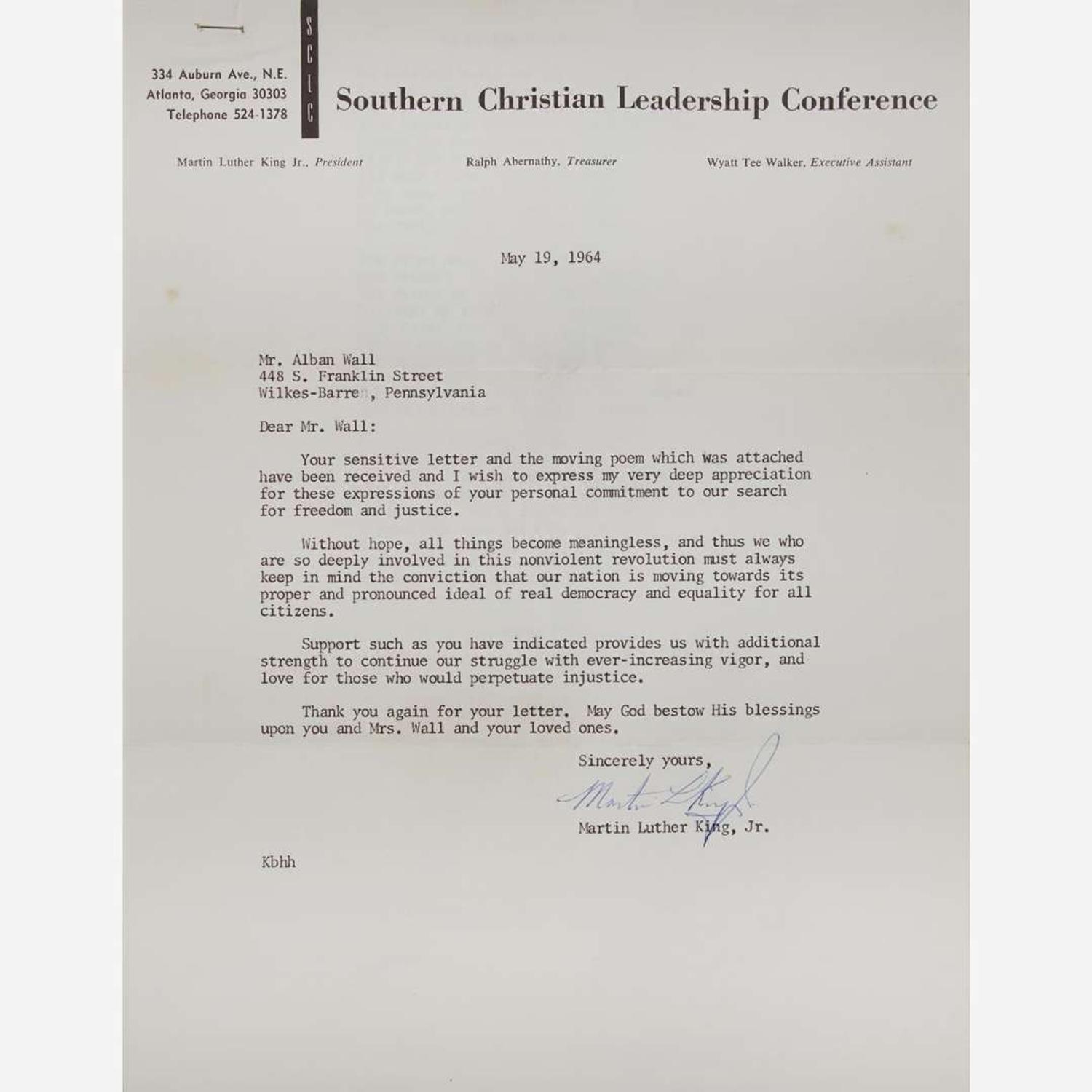 [African-Americana] King, Martin Luther, Jr. Typed letter, signed