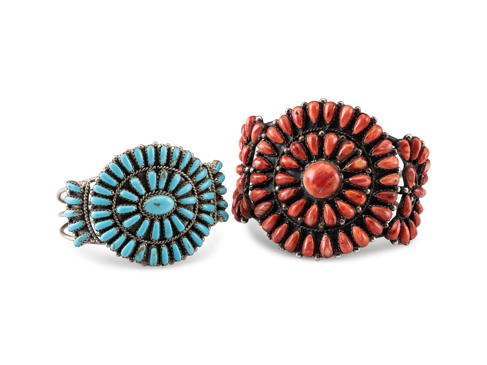 Navajo or Zuni Silver and Cluster Cuff Bracelets