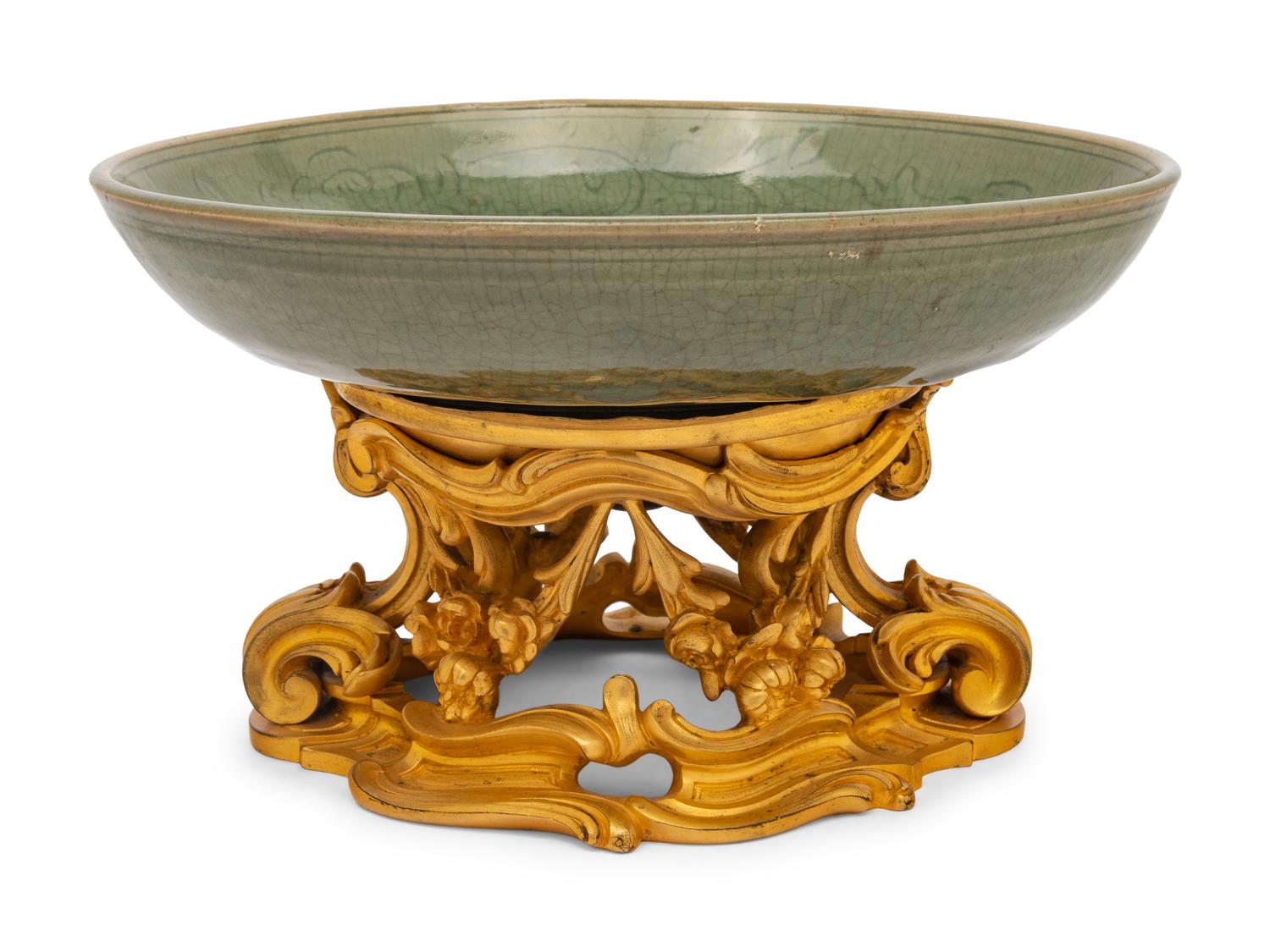 A French Gilt-Bronze Mounted Chinese Celadon Glazed Porcelain Dish